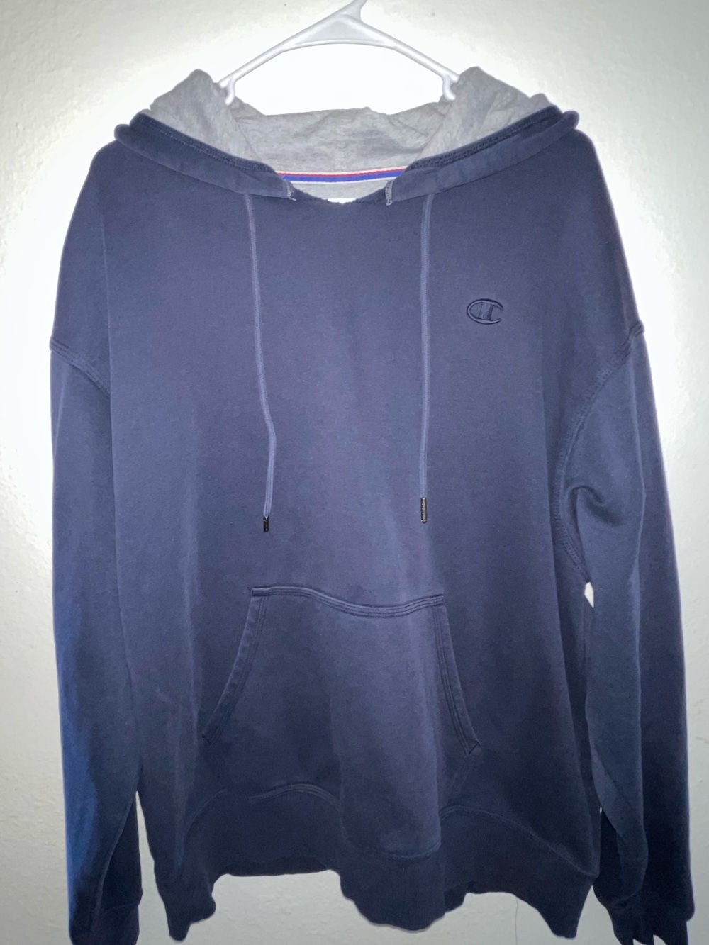 Champion Men's Navy Blue Hooded Pullover with Gray Lined Hood